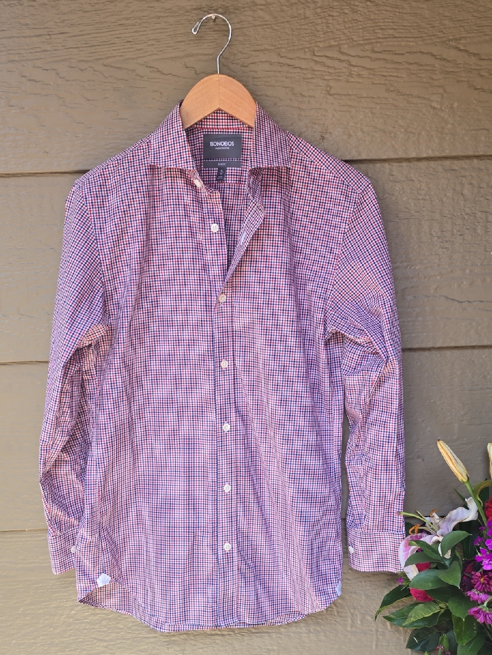 Bonobos Slim Fit Red White Blue Plaid Slim Fit Long Sleeve Dress Shirt 15/33